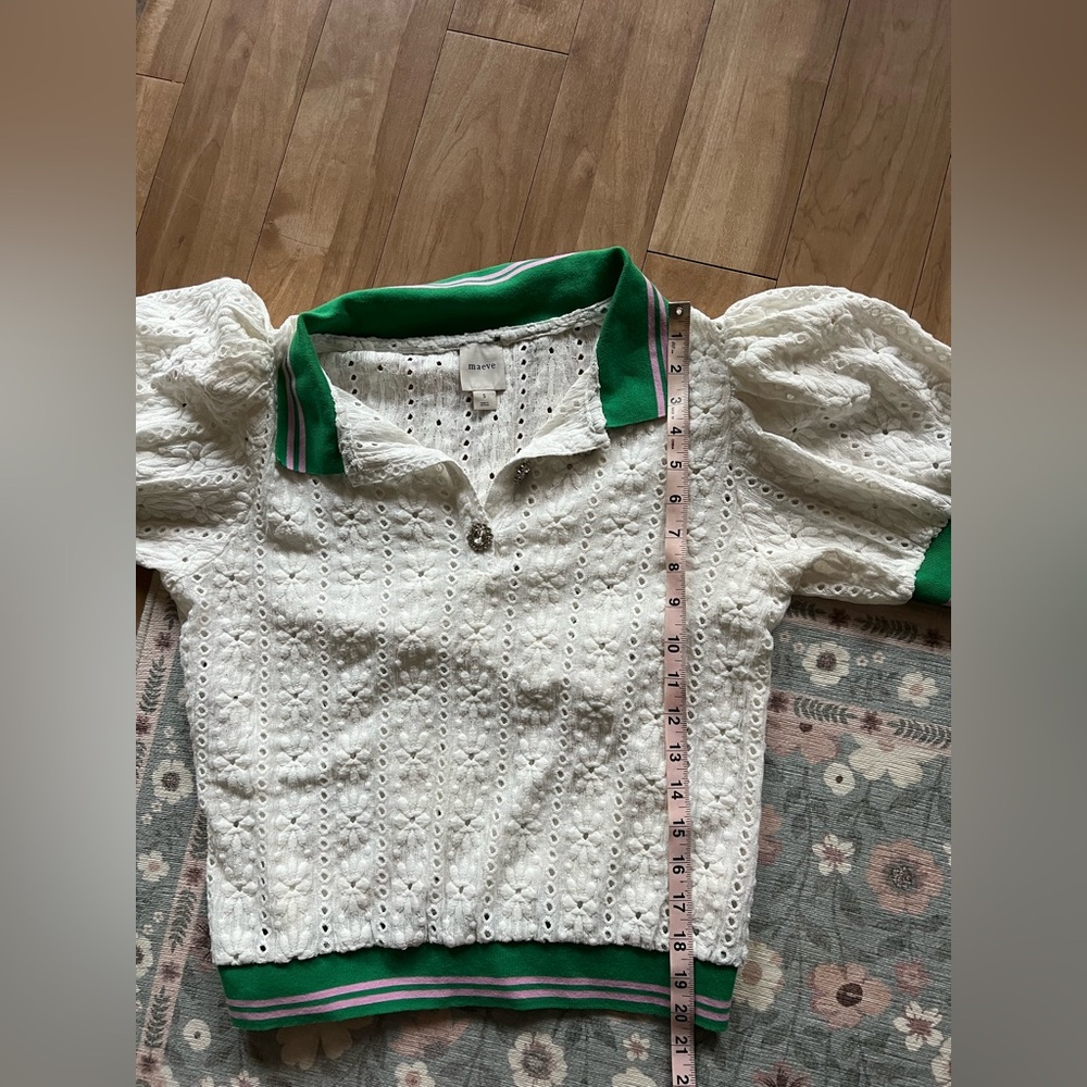 Maeve White Eyelet Polo Top with Green Trim - Picture 5 of 6